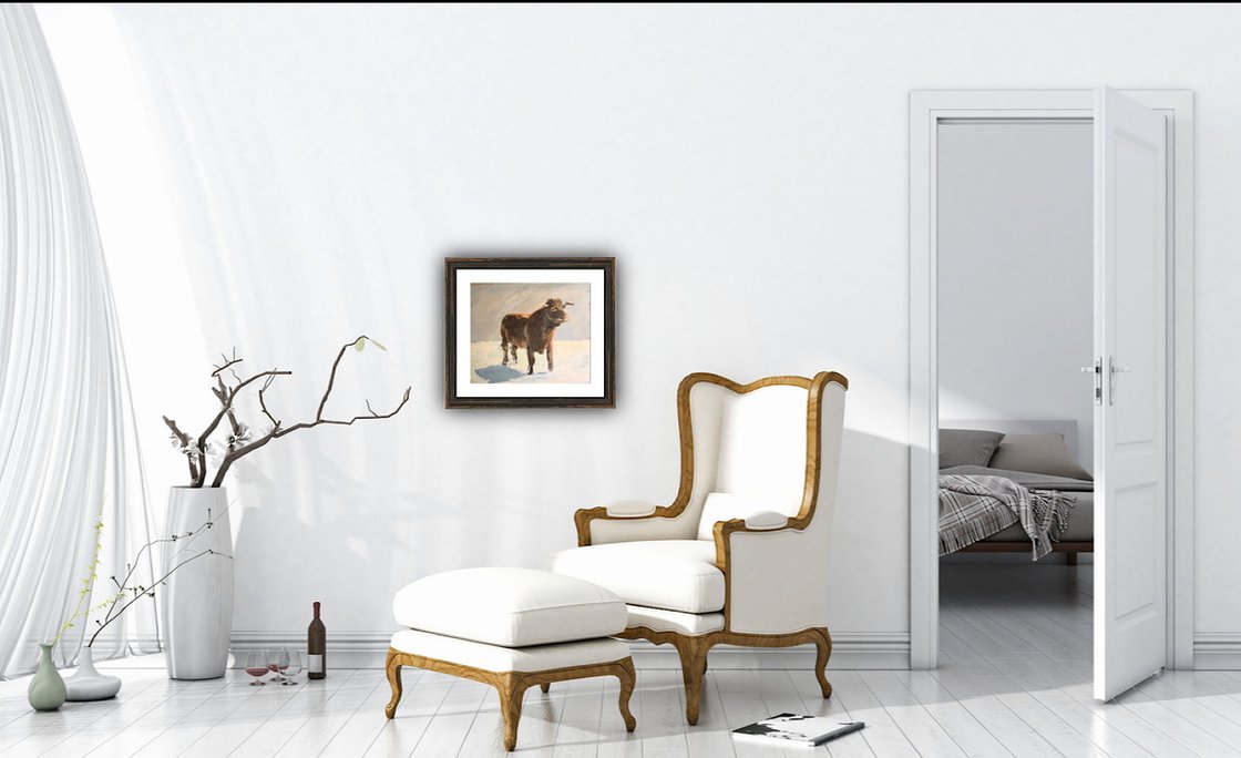 A painting titled 'Bull On A Winters Day by Ryan Louder' by Ryan Louder