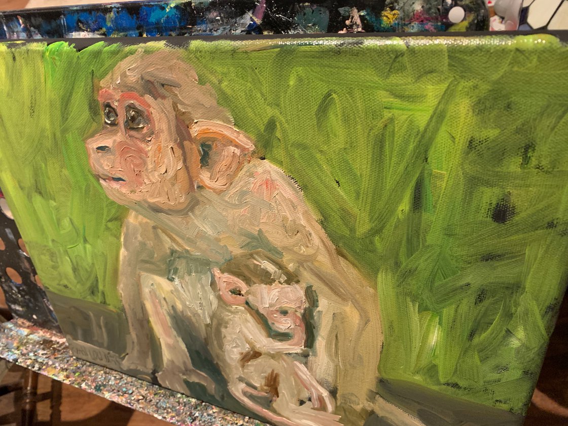 A painting titled 'Two Monkeys by Ryan Louder' by Ryan Louder