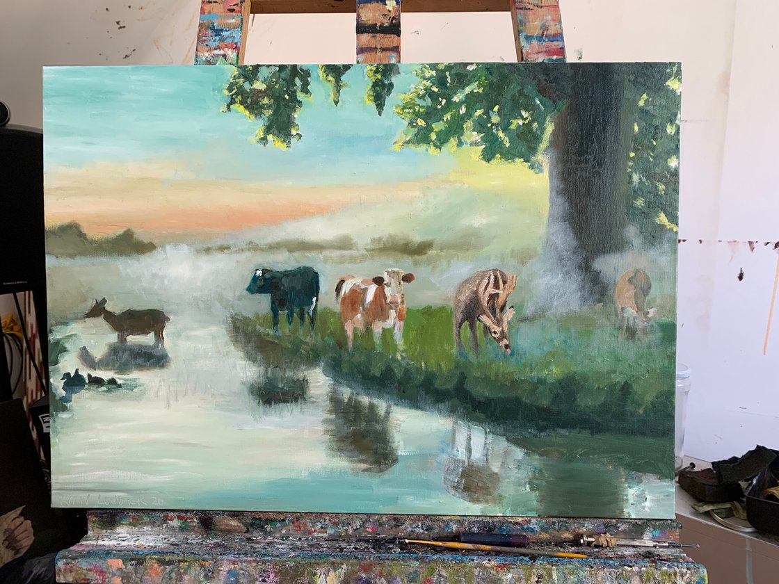 A painting titled 'Farm At Dawn by Ryan Louder' by Ryan Louder