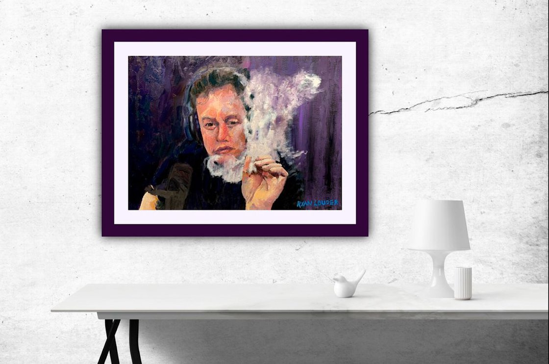 A painting titled 'Elon Musk On The Joe Rogan Experience by Ryan Louder' by Ryan Louder