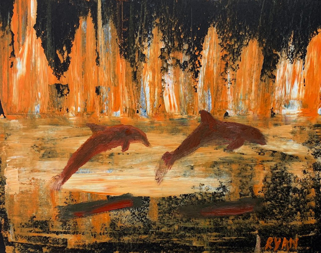 Dolphins Jumping In The Sunset 6x8 study by Ryan Louder - Sold