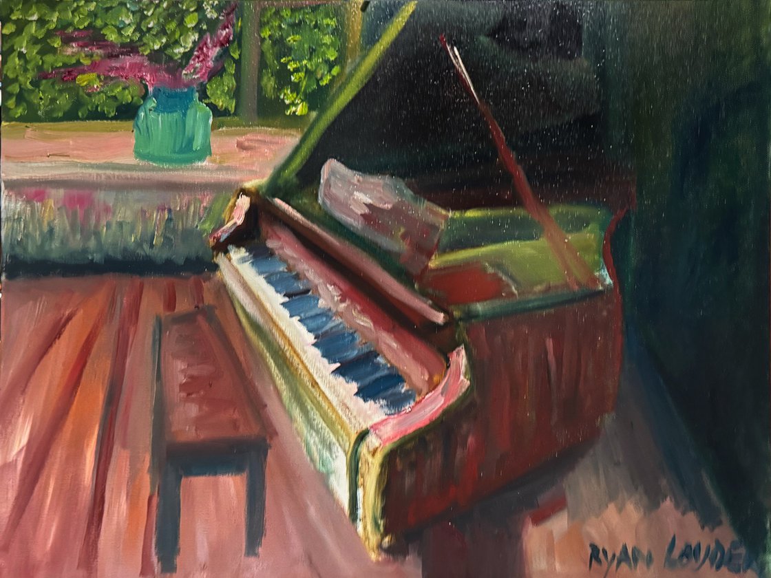 A painting titled 'Piano and Blue Vase by Ryan Louder' by Ryan Louder