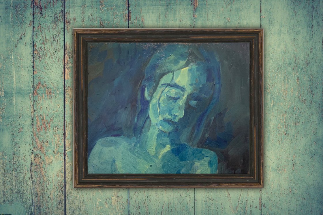 A painting titled 'Woman In Blue by Ryan Louder' by Ryan Louder