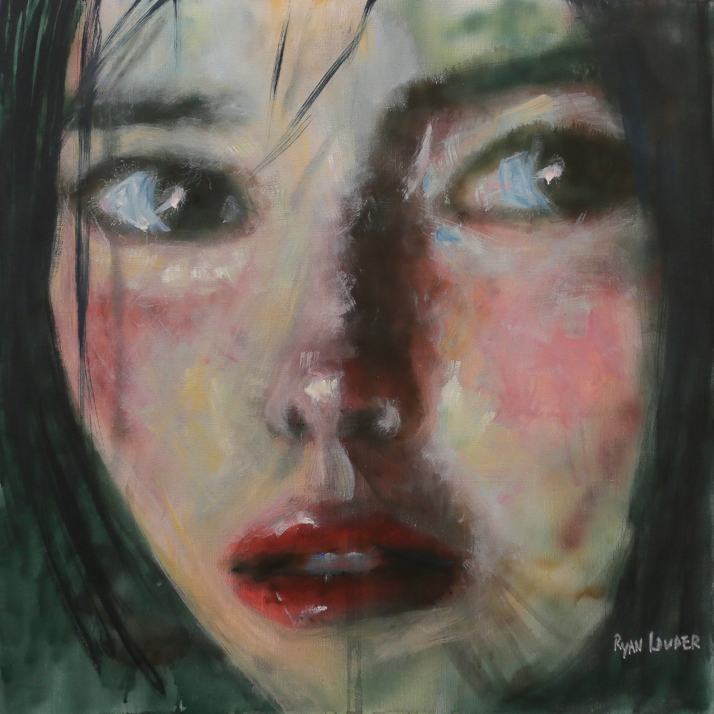 The image is an abstract painting depicting a close-up of a woman's face with a pensive expression.