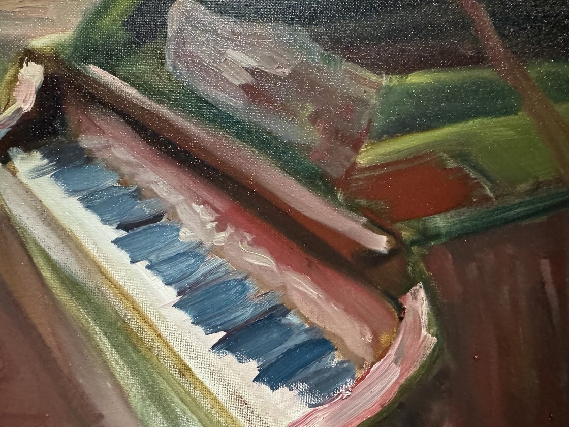 A painting titled 'Piano and Blue Vase by Ryan Louder' by Ryan Louder