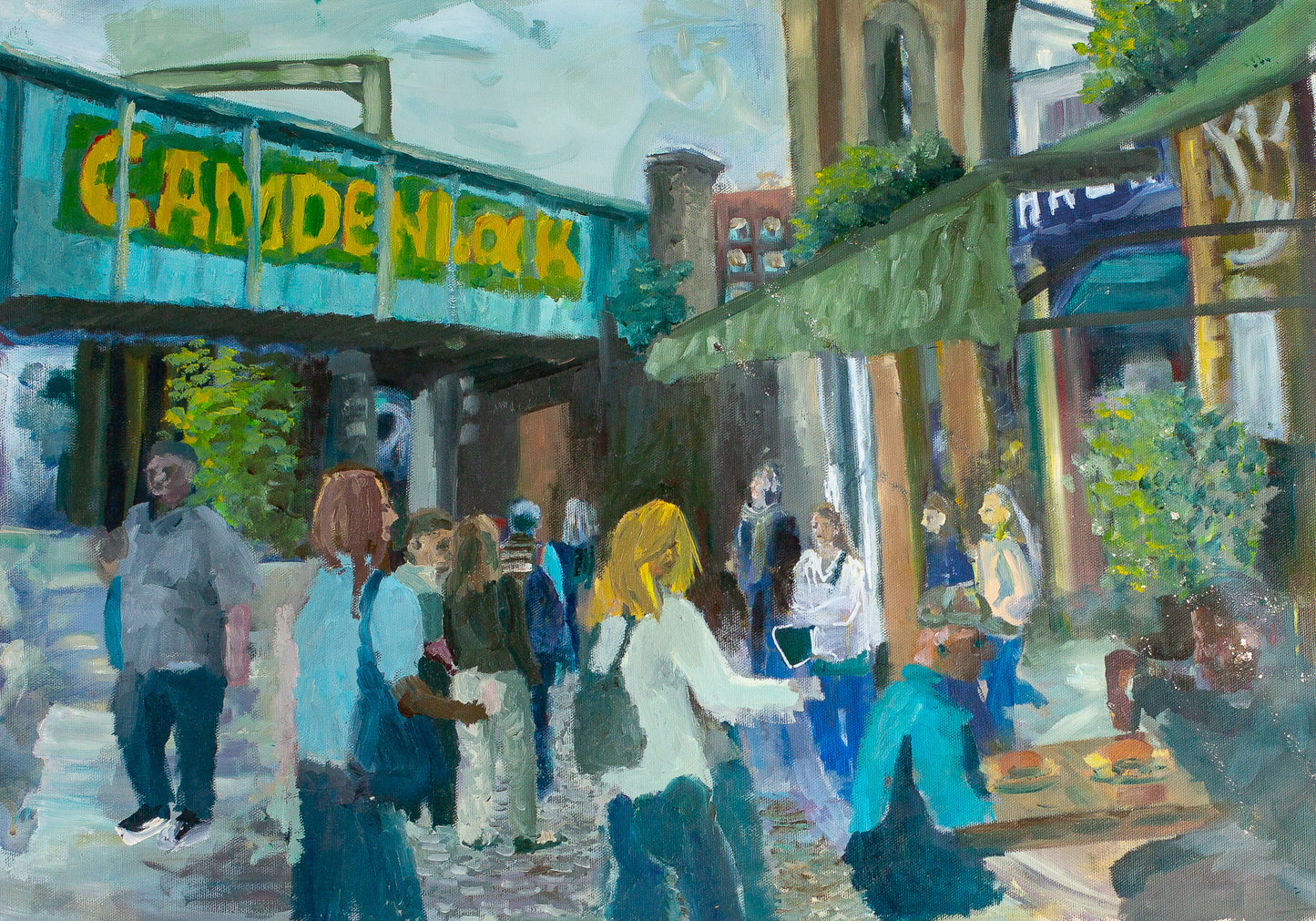 The image is a painting depicting a lively street scene with people walking and interacting, surrounded by various shops and buildings.
