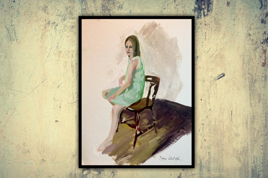 A painting titled 'Woman In a Green Dress by Ryan Louder' by Ryan Louder