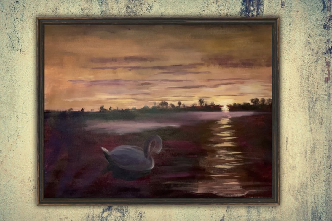 A painting titled 'Swans At Sunset by Ryan Louder' by Ryan Louder