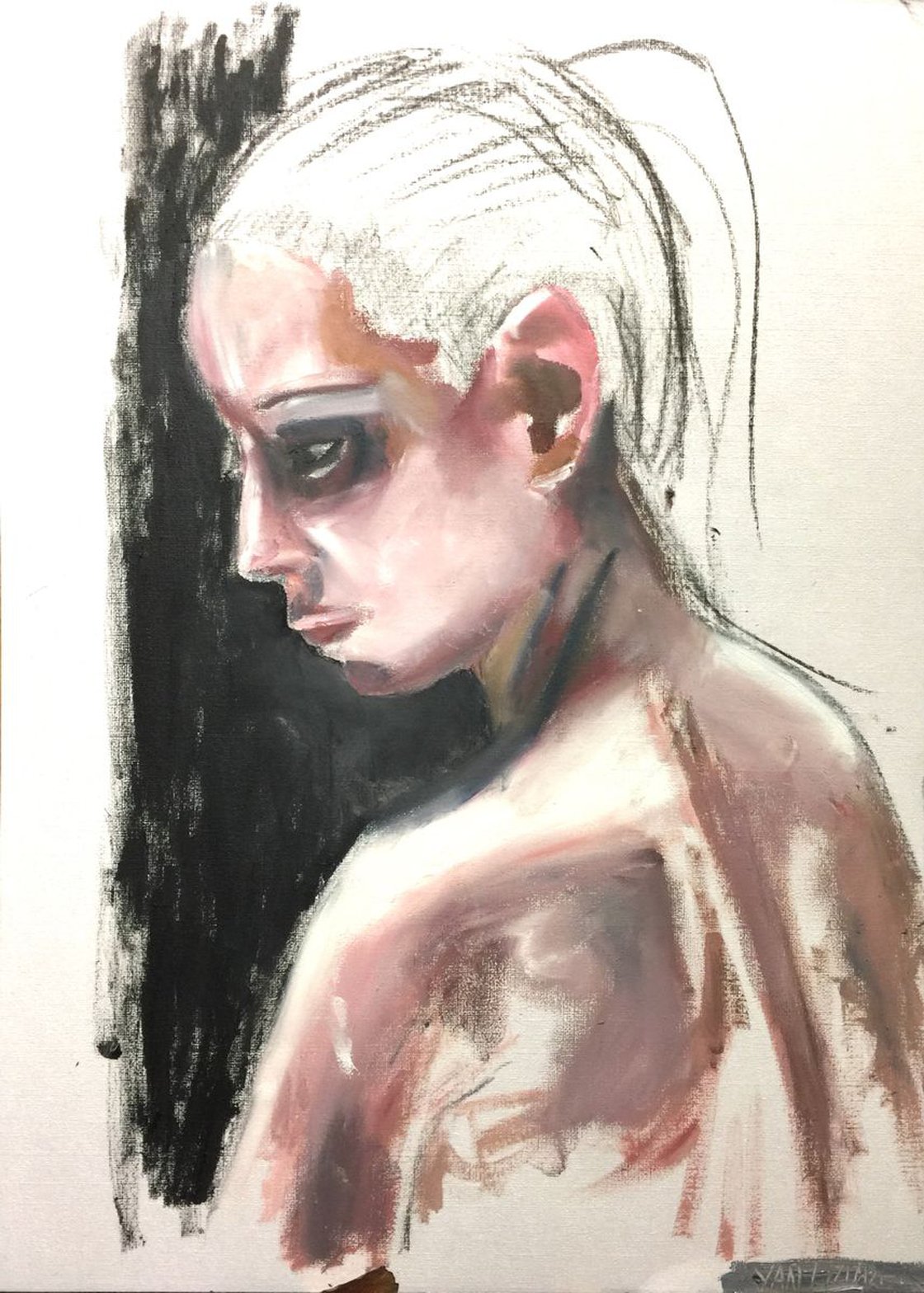 A painting titled 'Naked In thought Oil On Paper 16.5 x 11.7 by Ryan Louder' by Ryan Louder