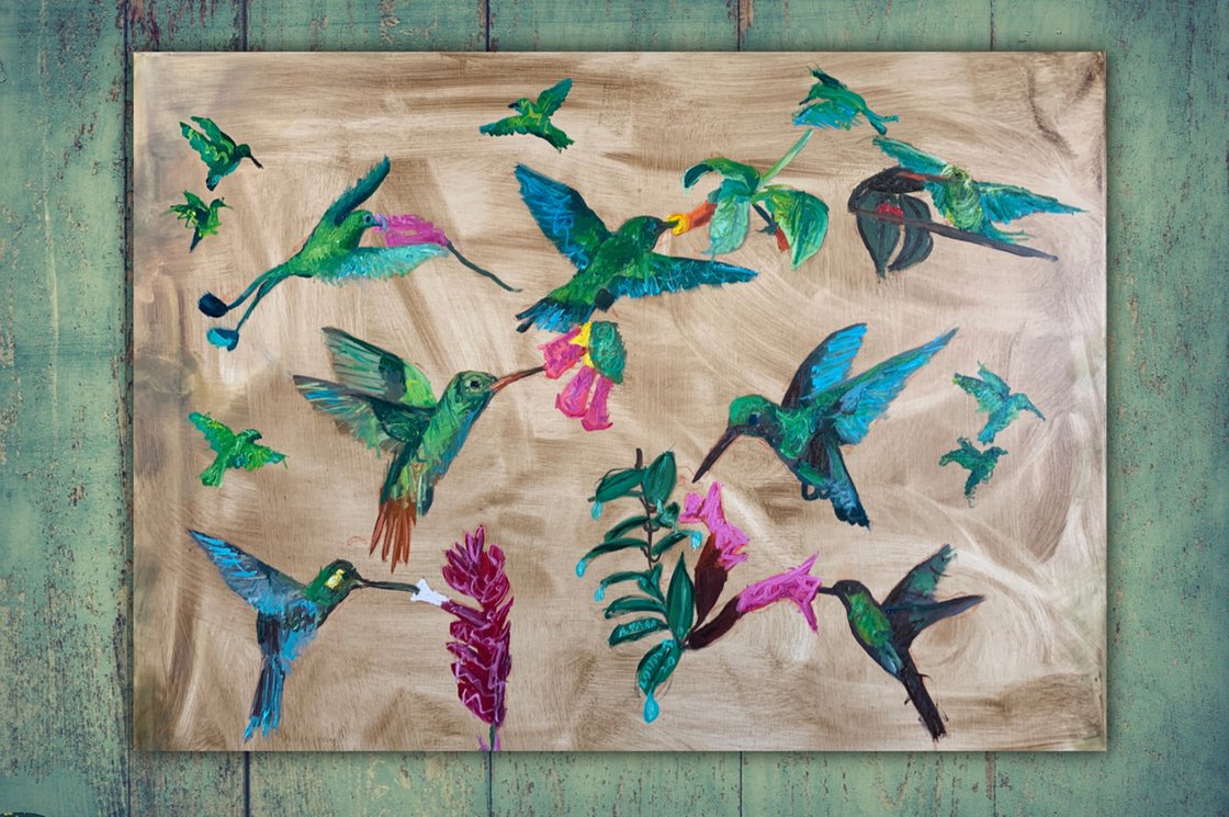 A painting titled 'Humming Birds by Ryan Louder' by Ryan Louder