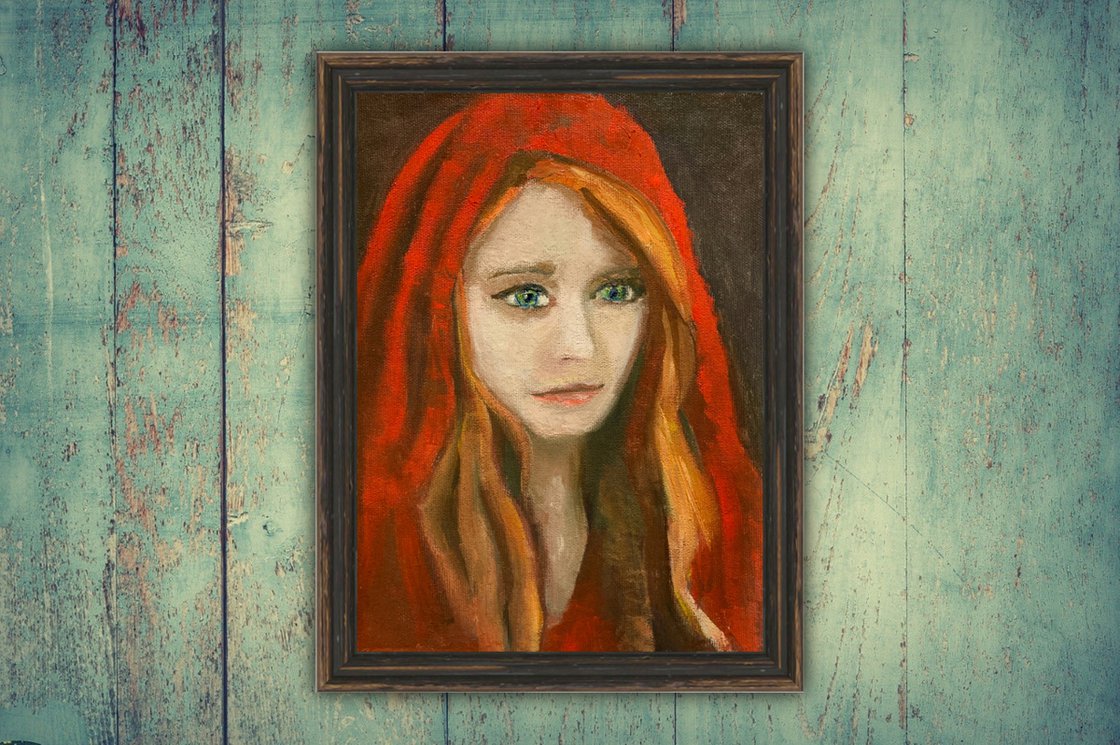 A painting titled 'Portrait Of A Woman With A Red Veil by Ryan Louder' by Ryan Louder