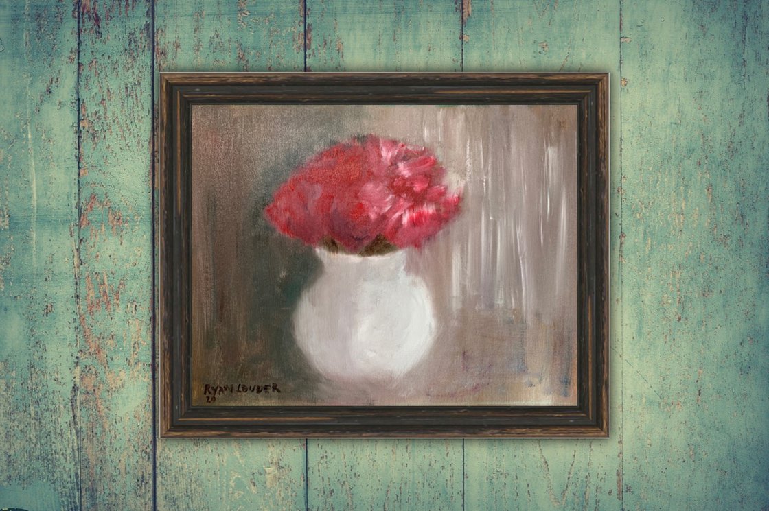 A painting titled 'Red Flowers By The Window by Ryan Louder' by Ryan Louder