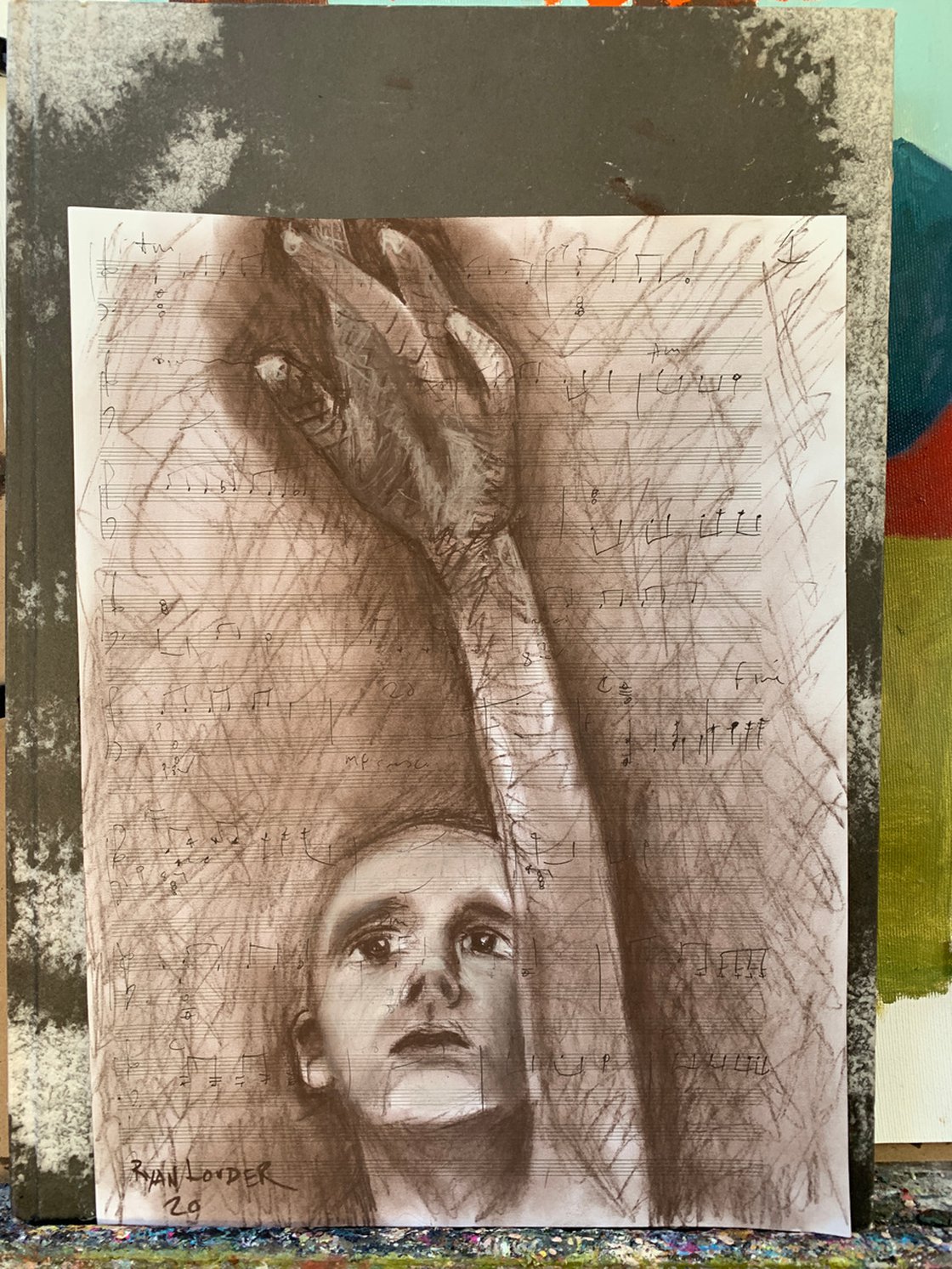 A painting titled '“When Can We Touch Stars” 25x35cm charcoal ink on manuscript scoring paper by Ryan Louder' by Ryan Louder