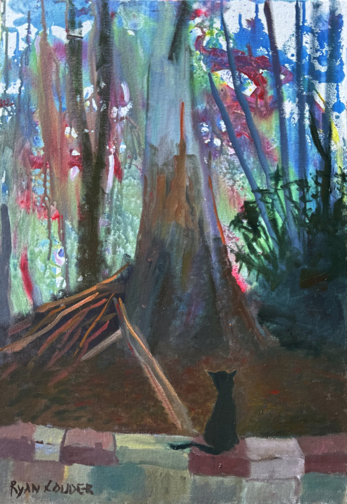 A painting titled 'Cat by the Eucalyptus Tree by Ryan Louder' by Ryan Louder