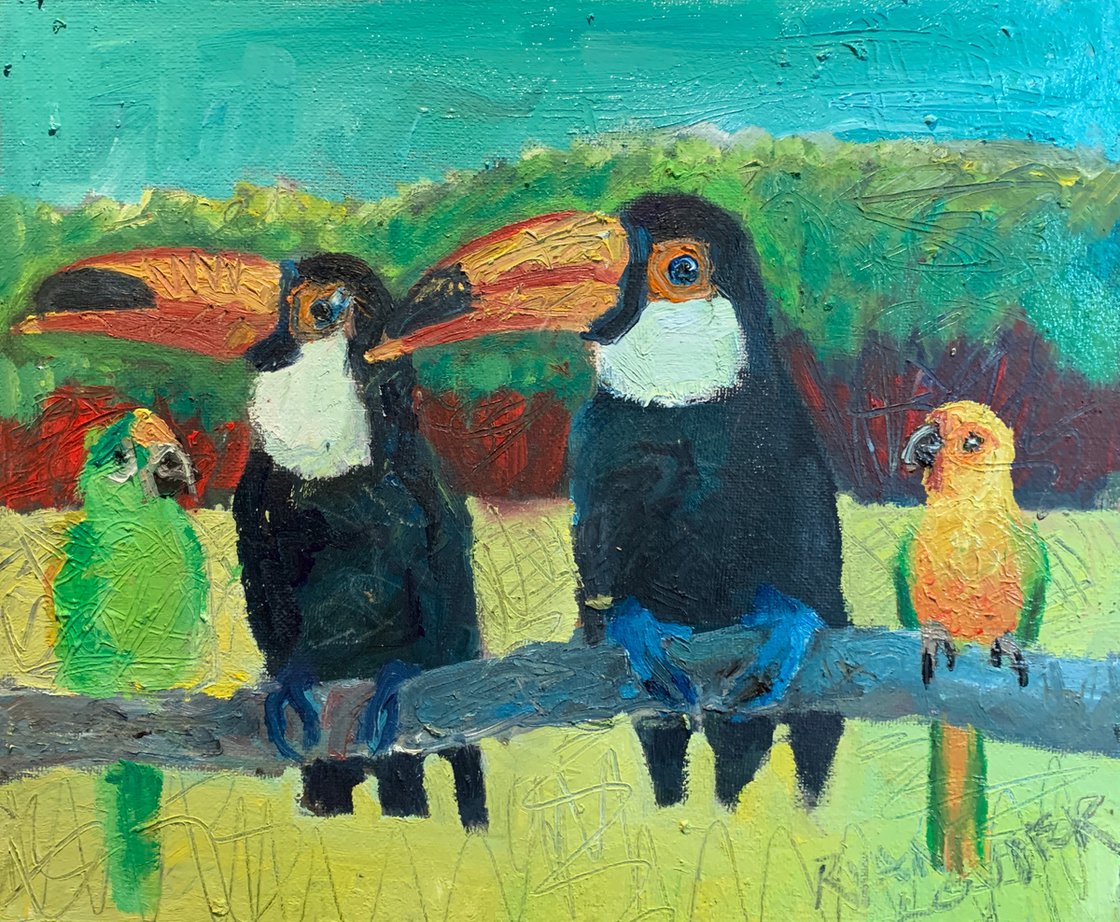 A painting titled 'Toucans and Conures by Ryan Louder' by Ryan Louder