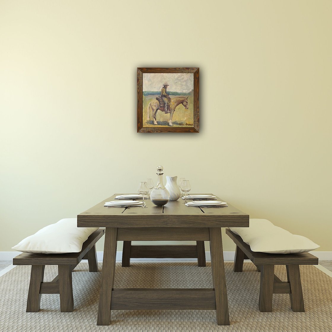 A painting titled 'Cowboy and Horse by Ryan Louder' by Ryan Louder