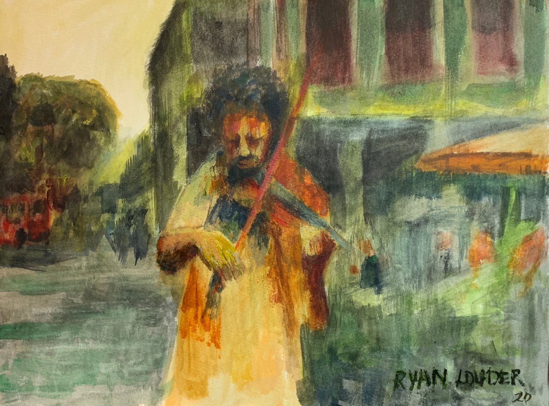 A painting titled 'London Busker by Ryan Louder' by Ryan Louder