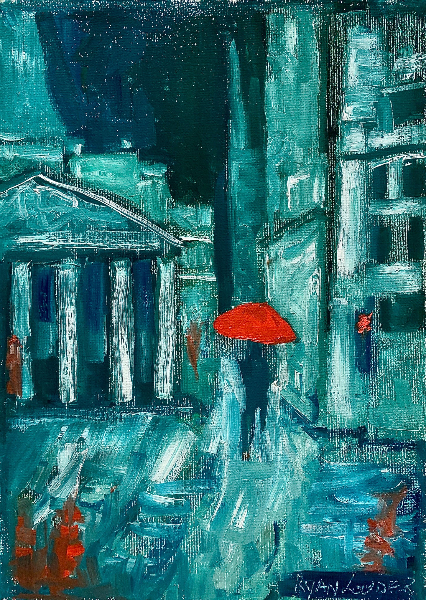 The image is an abstract painting featuring a cityscape with a person holding a red umbrella, set against a dark background.