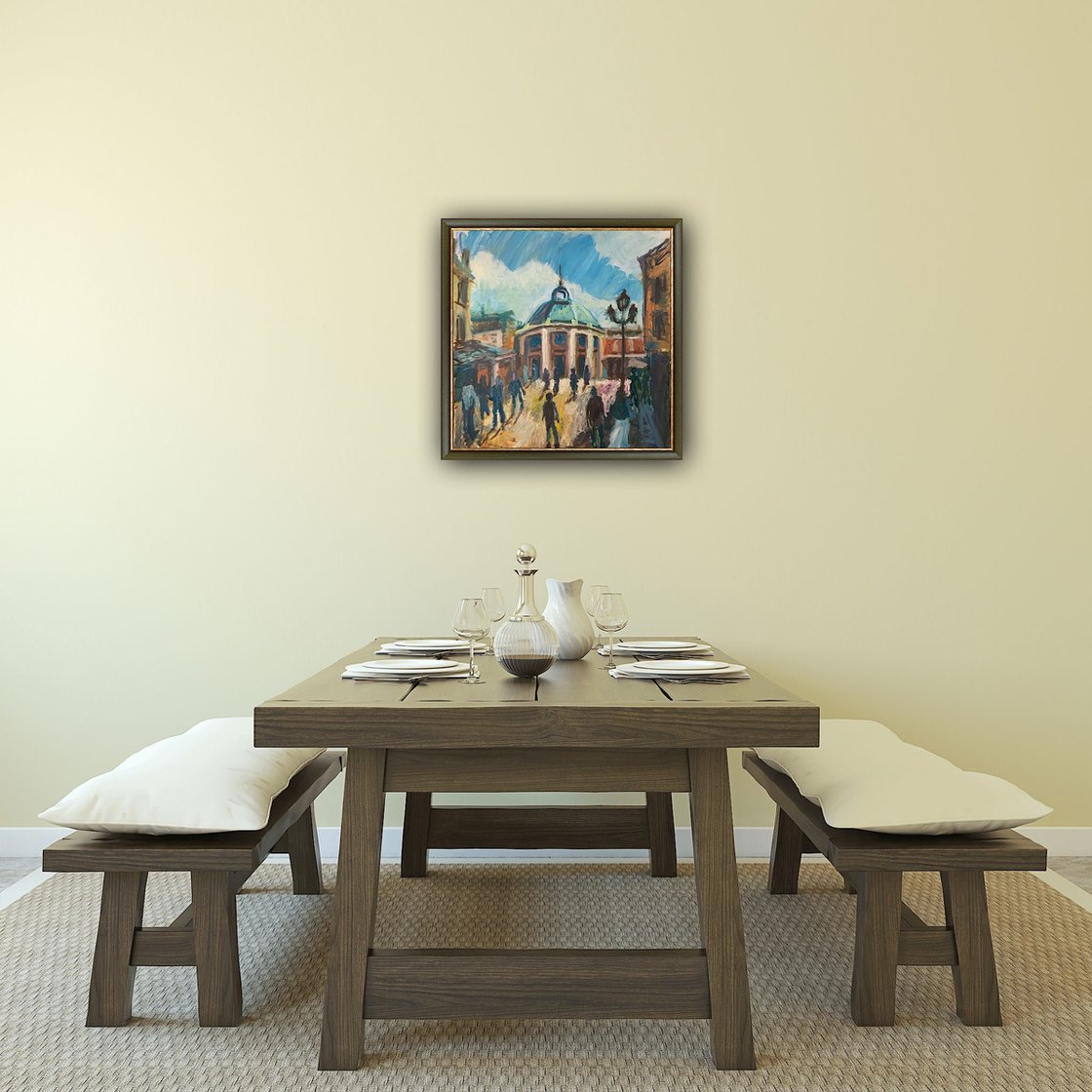 A painting titled 'Covent Garden On A Sunny Day by Ryan Louder' by Ryan Louder