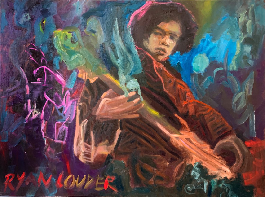 A painting titled 'Jimi Hendrix Kissed By An Angel by Ryan Louder' by Ryan Louder
