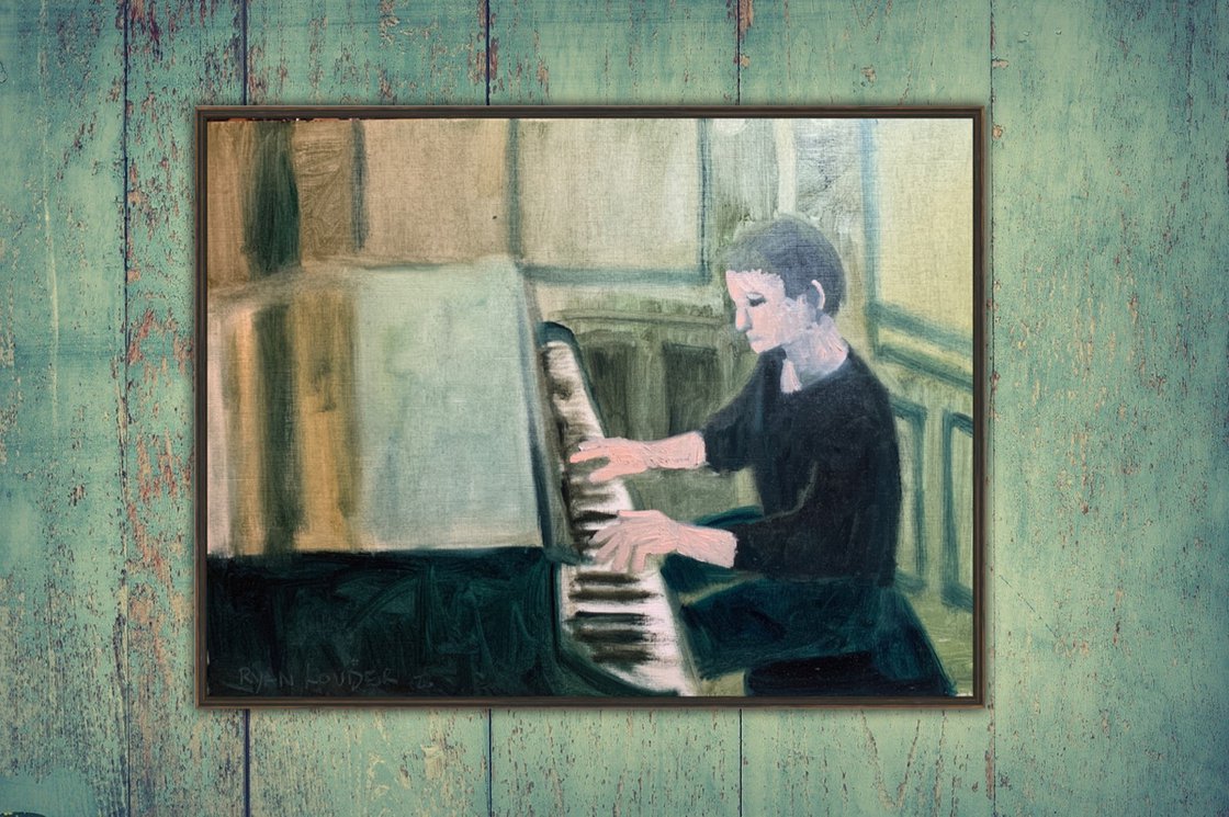 A painting titled 'The Piano Player by Ryan Louder' by Ryan Louder