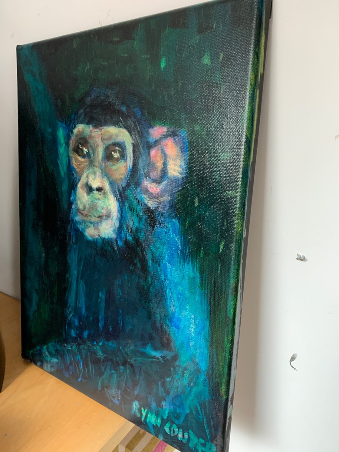 A painting titled 'Chimpanzee Swinging by Ryan Louder' by Ryan Louder