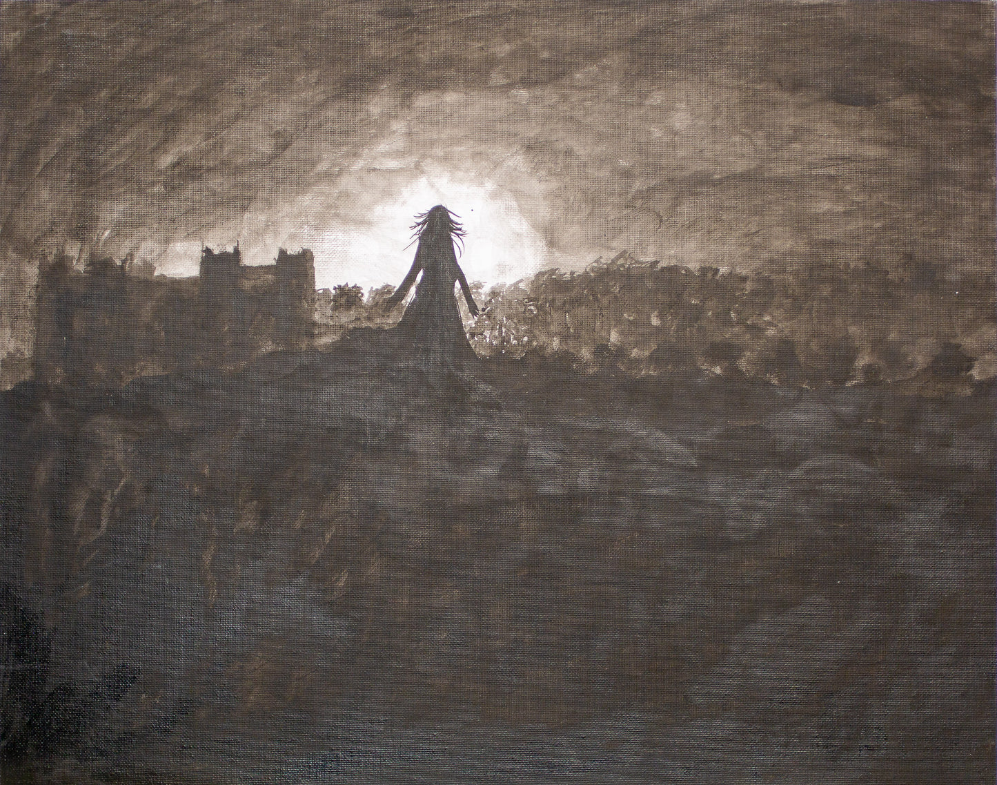 a woman standing on a cliff, silhouetted against a dramatic sky with a bright light source in the background.