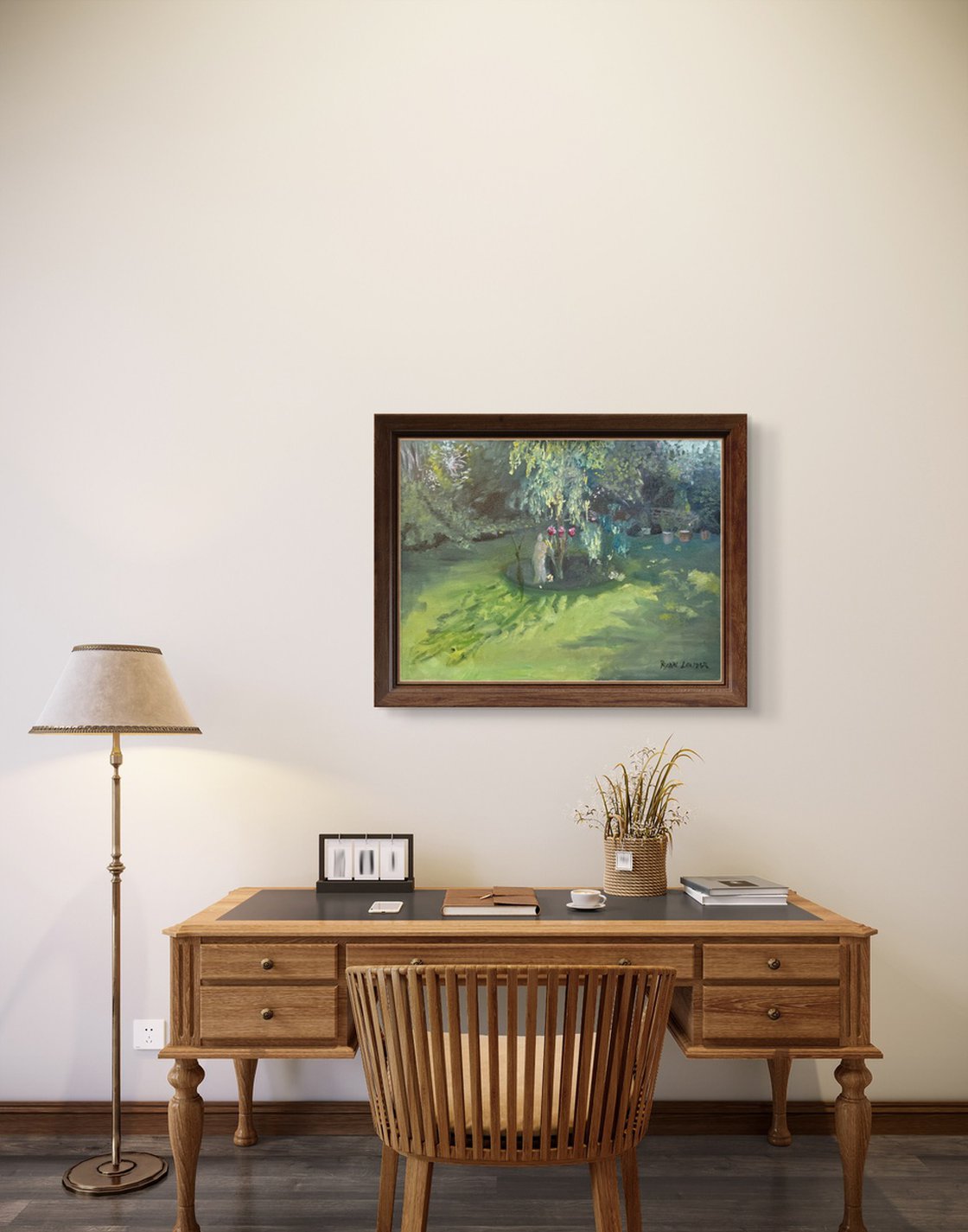 A painting titled 'Three Roses and a Statue by Ryan Louder' by Ryan Louder