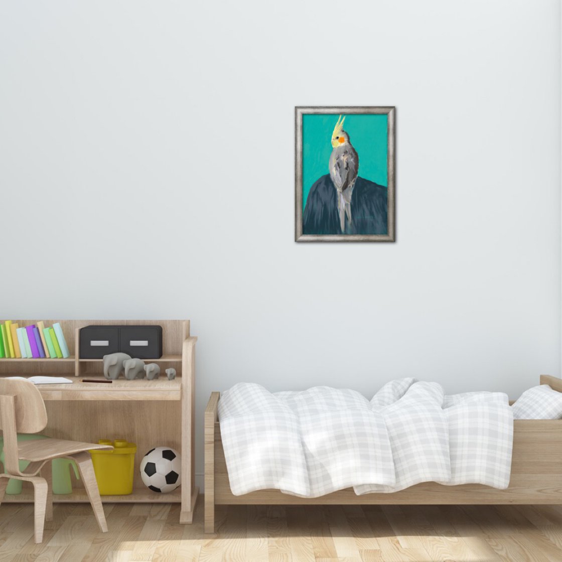 A painting titled 'Cockatiel Against A Teal Background by Ryan Louder' by Ryan Louder