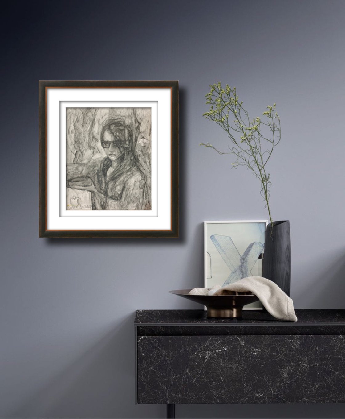 A painting titled 'Working Late With A Glass of Wine by Ryan Louder' by Ryan Louder