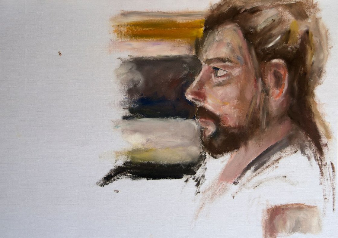 A painting titled '"Assistant" Portrait of a Man oil On Paper by Ryan Louder' by Ryan Louder