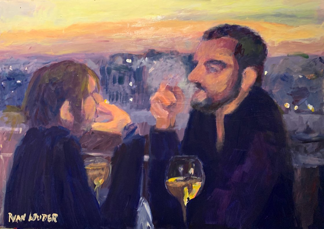 A painting titled 'Paris Rooftop Cafe by Ryan Louder' by Ryan Louder