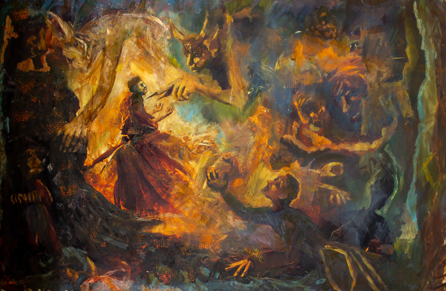 The image is an abstract painting with a chaotic and dynamic composition. It features a central figure surrounded by various other figures and elements, creating a sense of movement and energy. The colors used are vibrant and intense, contributing to the overall emotional impact of the artwork.