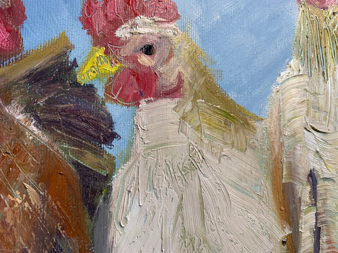 A painting titled 'Chickens by Ryan Louder' by Ryan Louder
