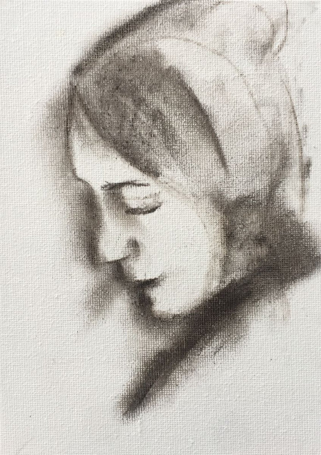A painting titled 'Study of a Woman's Face 7x5 Charcoal on Canvas Board by Ryan Louder' by Ryan Louder