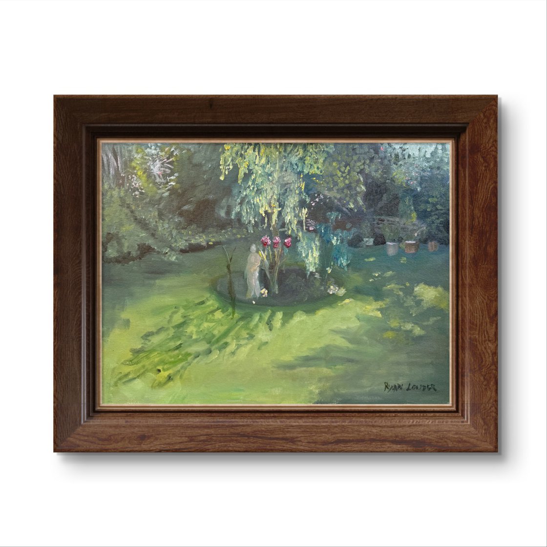 A painting titled 'Three Roses and a Statue by Ryan Louder' by Ryan Louder