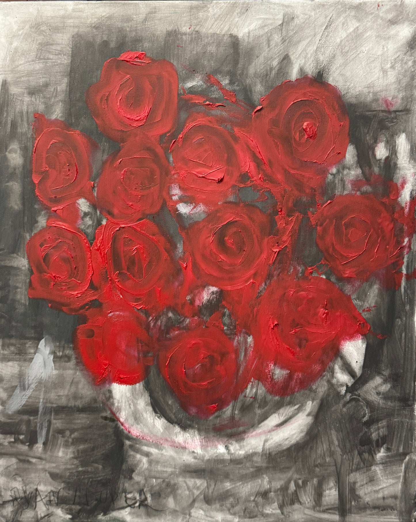 A painting titled 'Dozen Red Roses' by Ryan Louder