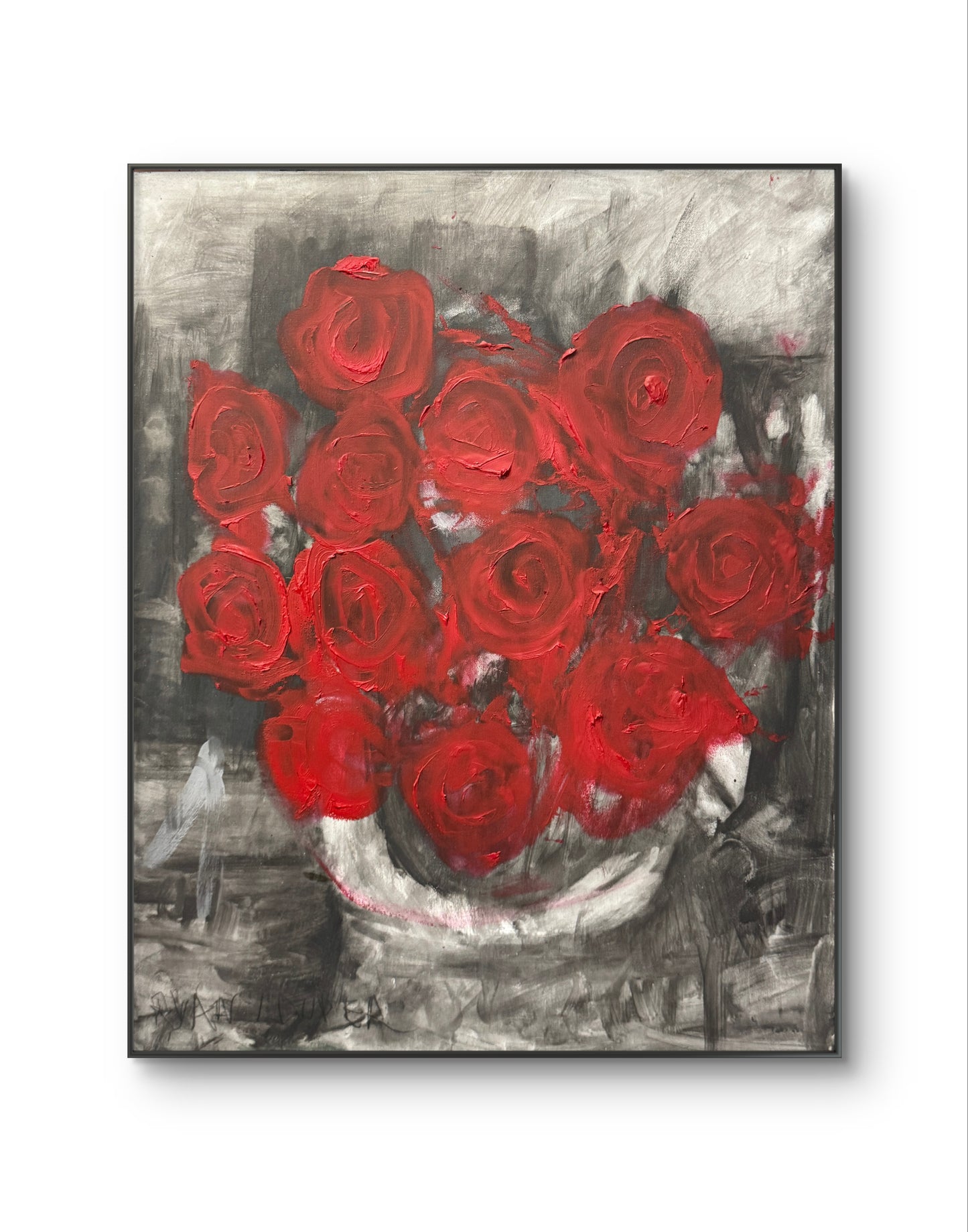 A painting titled 'Dozen Red Roses' by Ryan Louder