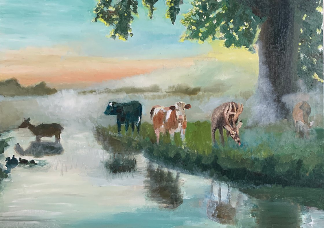 A painting titled 'Farm At Dawn by Ryan Louder' by Ryan Louder