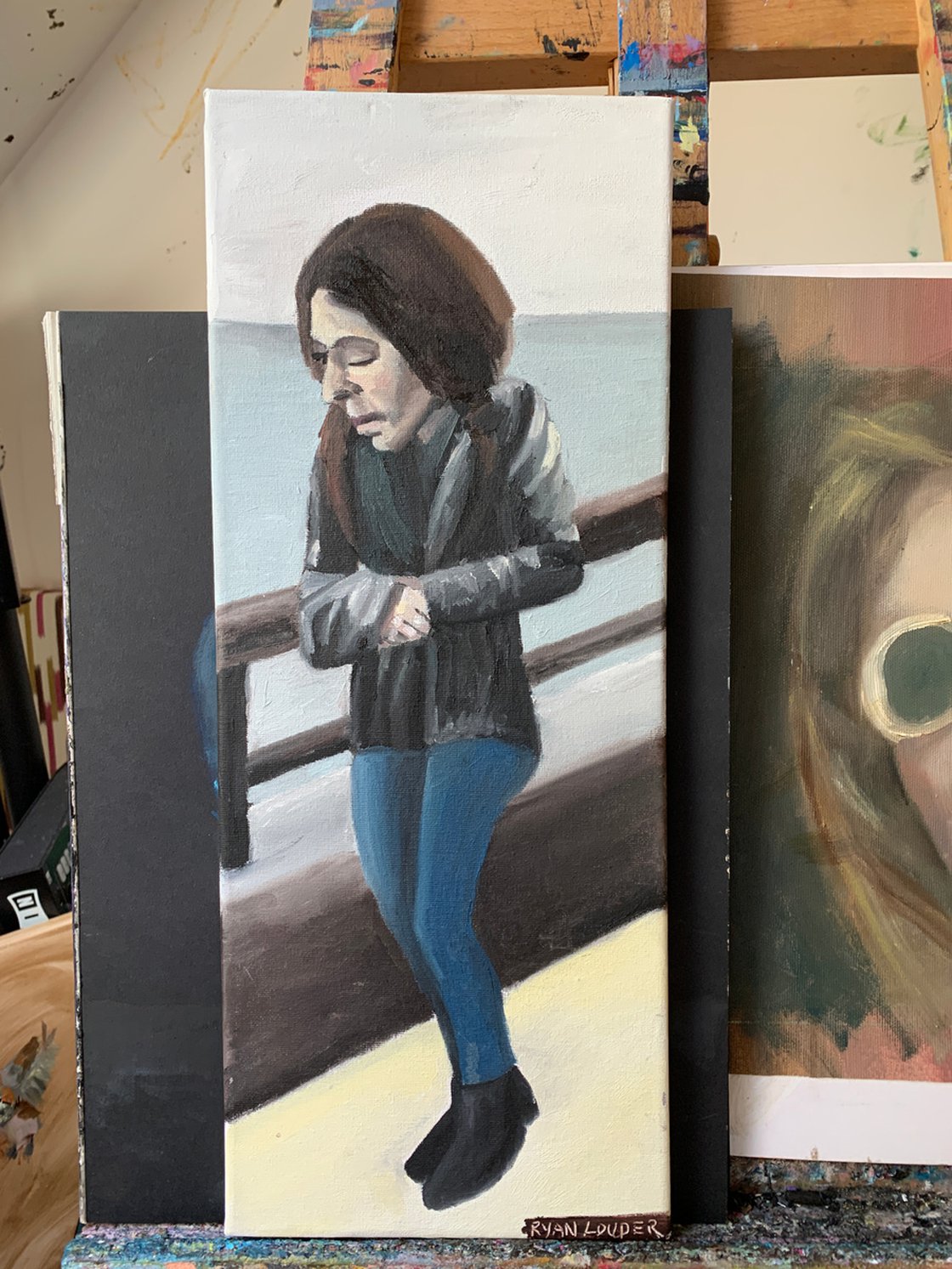 A painting titled 'Cold Women Walking Along London Thames by Ryan Louder' by Ryan Louder