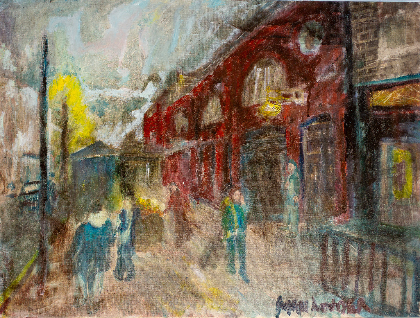 The image is an oil painting depicting a busy street scene with people walking and interacting in front of a red building.