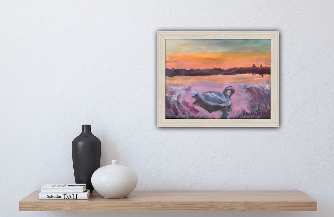 A painting titled 'Swan at Sunset by Ryan Louder' by Ryan Louder