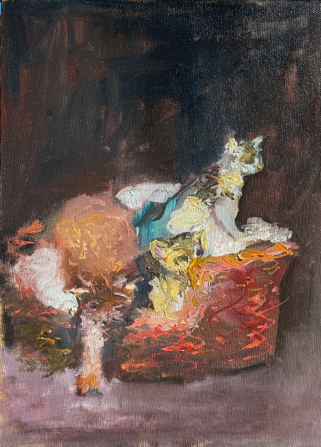 A painting titled '3 Kittens in Basket by Ryan Louder' by Ryan Louder