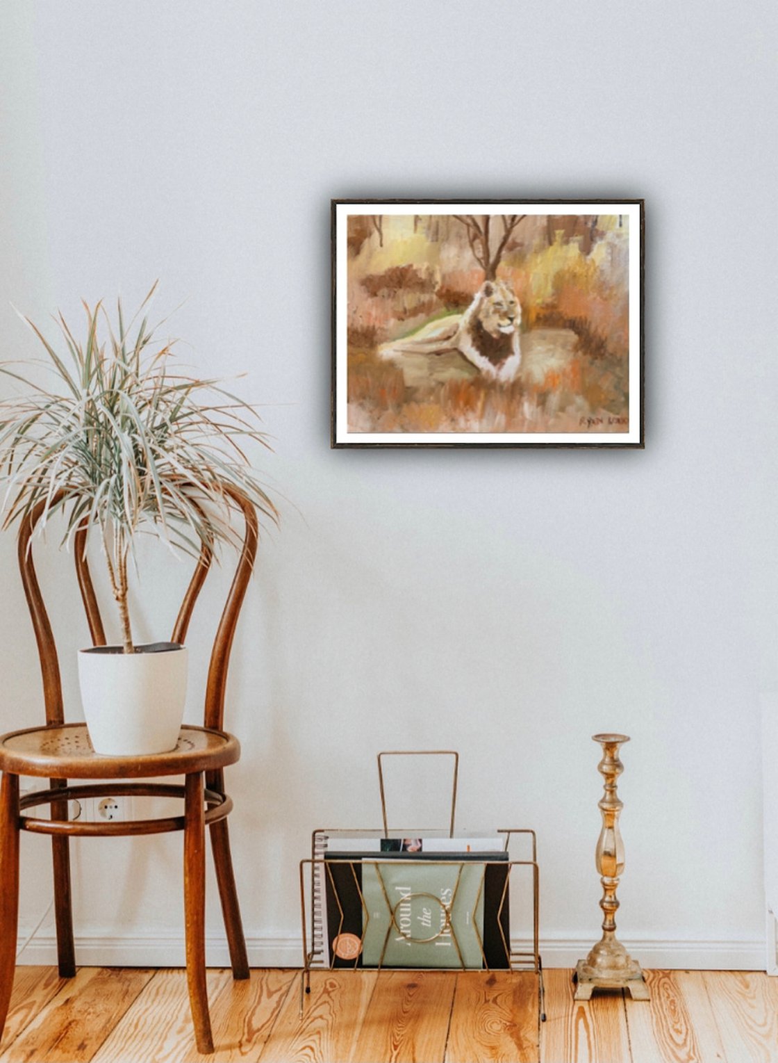 A painting titled 'Lion Resting by Ryan Louder' by Ryan Louder