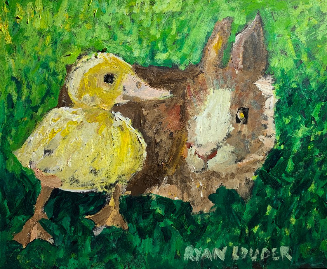 A painting titled 'Rabbit and Duck by Ryan Louder' by Ryan Louder