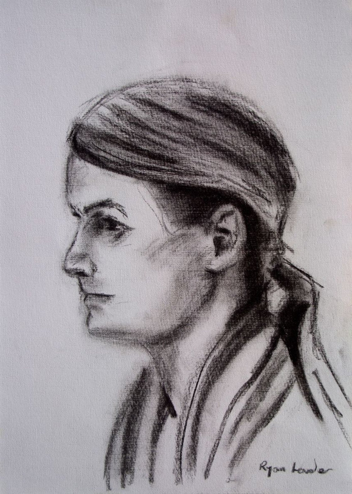 A painting titled 'Girl Waiting For A Train Charcoal On Paper 11.7x16.5 by Ryan Louder' by Ryan Louder