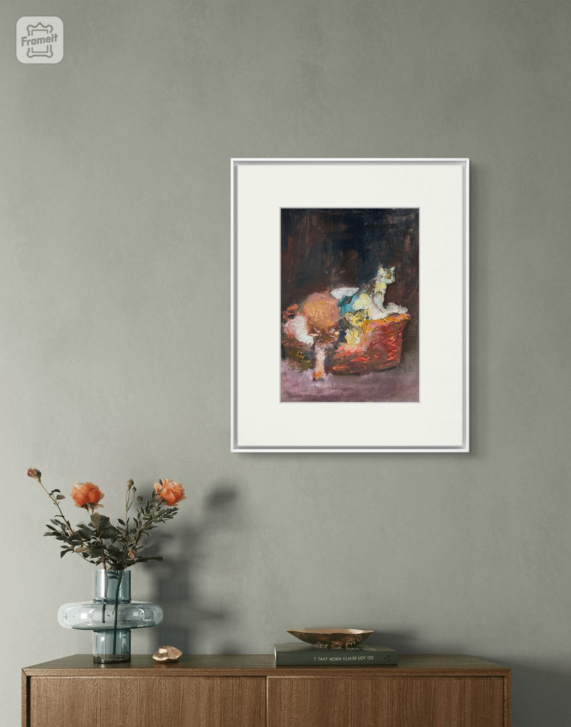 A painting titled '3 Kittens in Basket by Ryan Louder' by Ryan Louder
