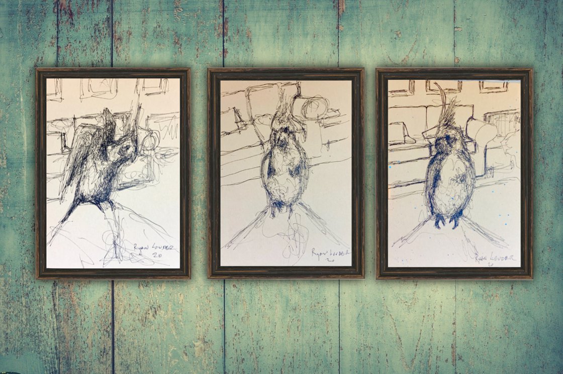 A painting titled 'Cockatiel sitting on my knee 3 by Ryan Louder' by Ryan Louder