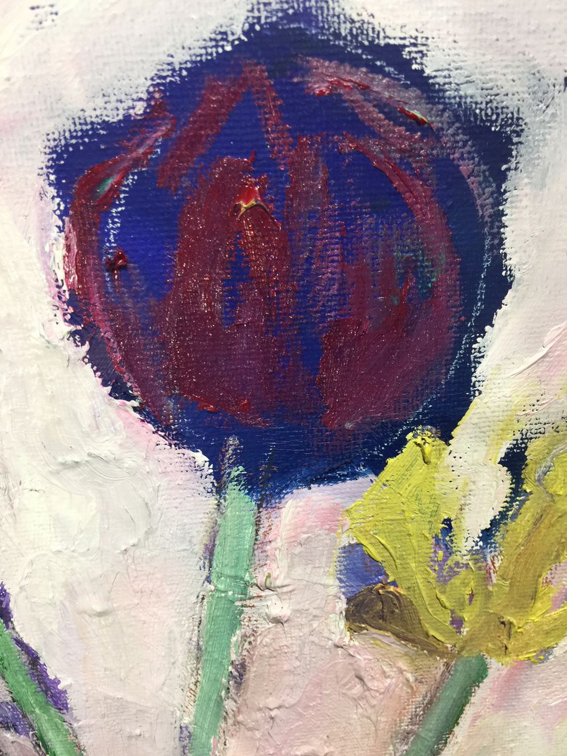 A painting titled 'Tulips and Daffodils Wilting by Ryan Louder' by Ryan Louder