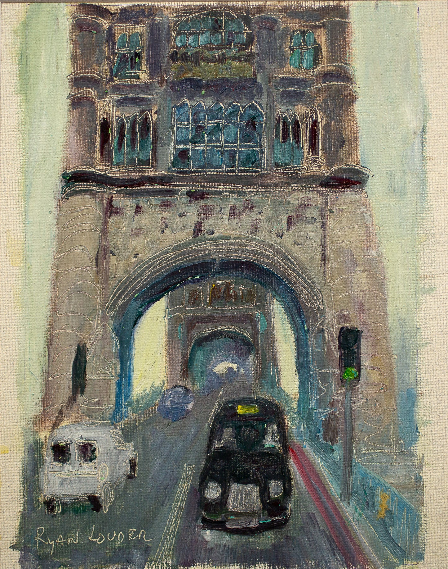 The image is an oil painting depicting a city scene with a large archway, cars, and buildings.